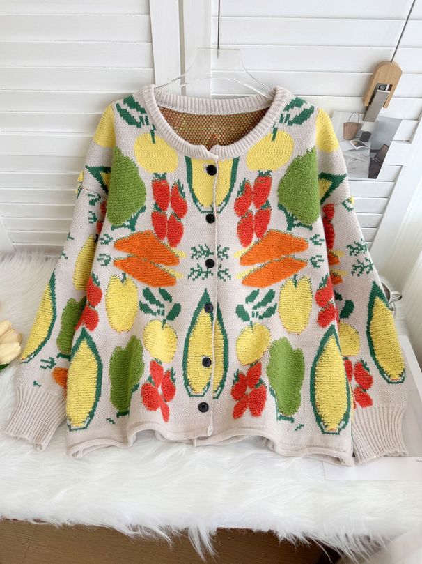 Plus-Size Textured Knit Cardigan – Dopamine-Chic Vegetable Jacquard Oversized Sweater Coat (S-XXL, Warm & Cozy, Boho Lazy Style)_ecoleips.com
