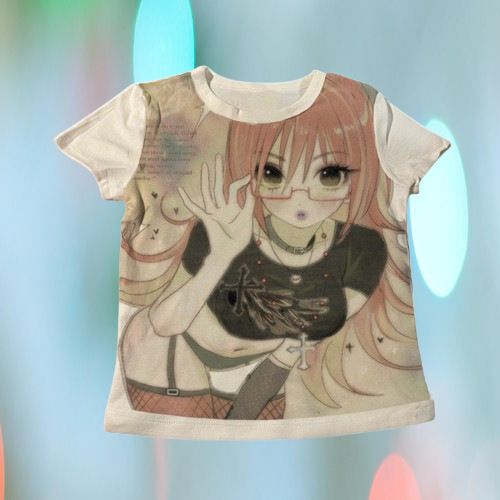 Cartoon Anime Print round Neck Top for Women Slim Fit Y2K Style Spring Summer Fashion Hot Girl Cross Border European American Design_ecoleips.com