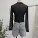Women's Clothing Real Shot Sexy Hollow Halter Neck Denim Splicing Mesh Straps Irregular Long Sleeved T Shirt Short Top_ecoleips.com