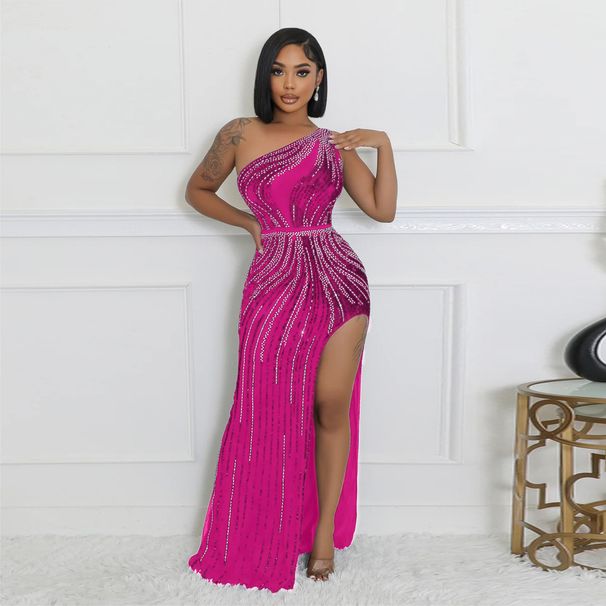 Women's Clothing new style fashionable sexy off-shoulder hot diamond high slit evening dress _ecoleips.com