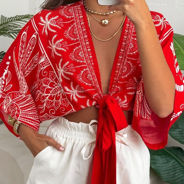 Women's Clothing New Women's Fashion Printed Leisure Vacation Style Cardigan Loose Tops_ecoleips.com