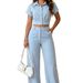Elegant Women's Summer Fashion Set: Collared Short Sleeve Top + Loose Straight Leg Trousers - Independent Website's New Collection_ecoleips.com
