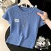 Blue Embroidered Knitted Top For Women Short Sleeve Inner Layer Base T-Shirt New Summer Real Photos_ecoleips.com