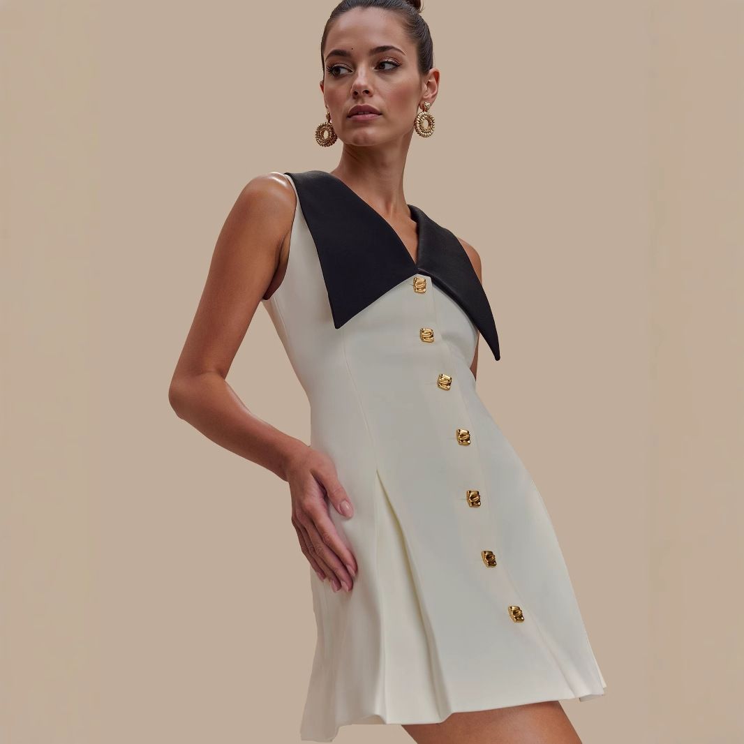 Women's Clothing Celebrity Large Lapel Metal Button Sleeveless Temperament Waist Slim Small Dress Dress High End_ecoleips.com
