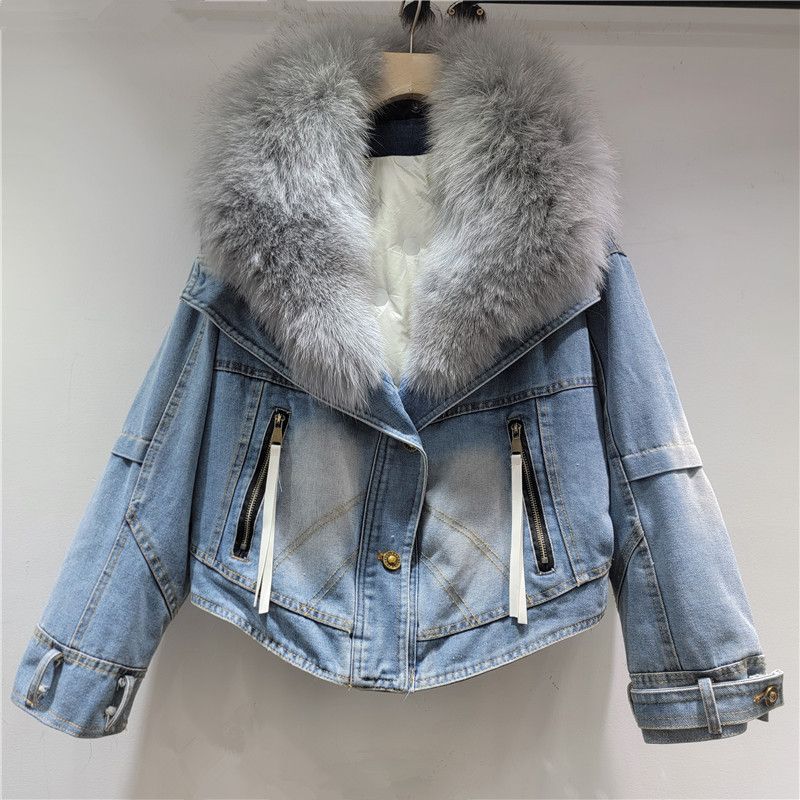 girl 2025 Autumn Winter New Fashionable Oversized Fur Collar Design Thickened Warm Denim Jacket For Women Loose Parka_ecoleips.com