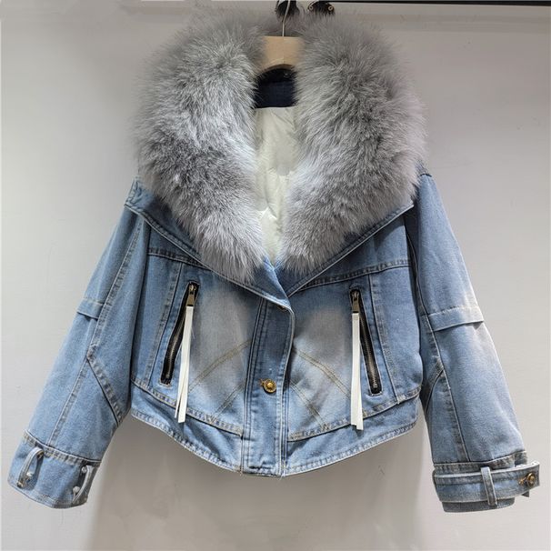 girl 2025 Autumn Winter New Fashionable Oversized Fur Collar Design Thickened Warm Denim Jacket For Women Loose Parka_ecoleips.com
