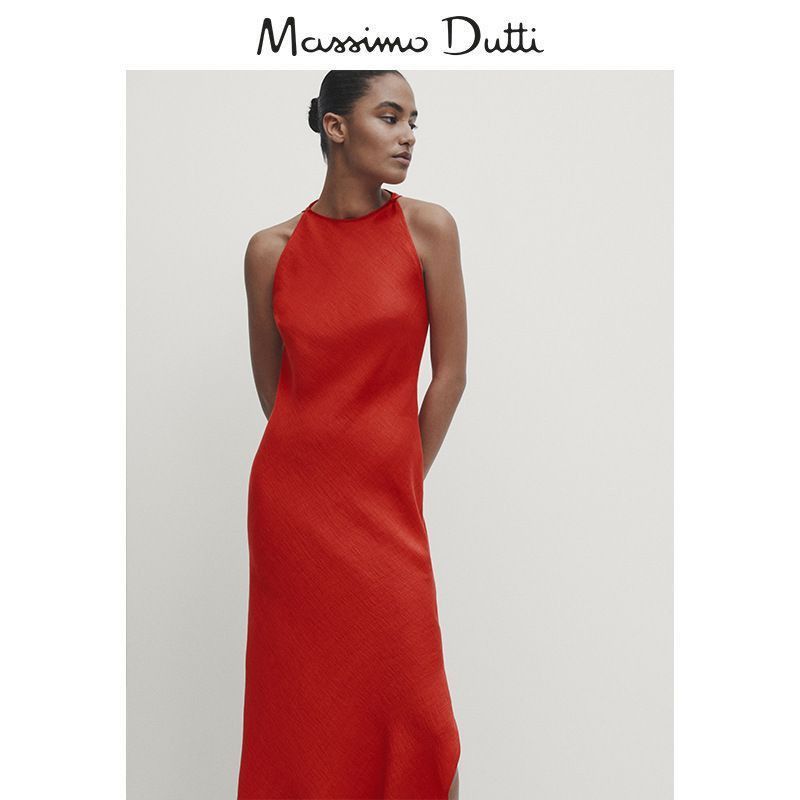 MassimoDuti Women's 2025 Spring Red Slim-Fit Side-Slit Sleeveless Linen Dress_ecoleips.com