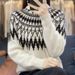 Women's Chunky Knit Sweater Oversized High-Neck Pullover With Geometric Jacquard Contrast Color Blocking Soft Acrylic-Polyester Blend For Fall/Winter_ecoleips.com