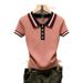 Women's Striped Knit Short Sleeve T-Shirt Retro Color Blocking Slim Fit Spring/Summer New Style Top_ecoleips.com