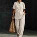 Women's Linen Button-Up Shirt Wide-Leg Pants Set Sky Blue Burgundy Beige Khaki Relaxed Fit Loungewear S-3XL_ecoleips.com