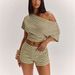 Women's Summer Striped Casual Slim Fit Top And Shorts Set Off Shoulder Short Sleeve High Waisted_ecoleips.com