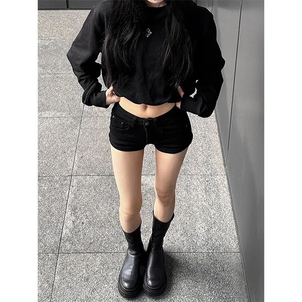 Plus-size Black Denim Shorts Women, Summer Style, Low-waisted, Slimming Ultra-shorts For Plus-size Girls, Stretchy,_ecoleips.com