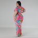 Women's Clothing Plus Size Knitted Dress Geometric Pattern Digital Print V Neck Short Sleeve Slit Skirt Style_ecoleips.com