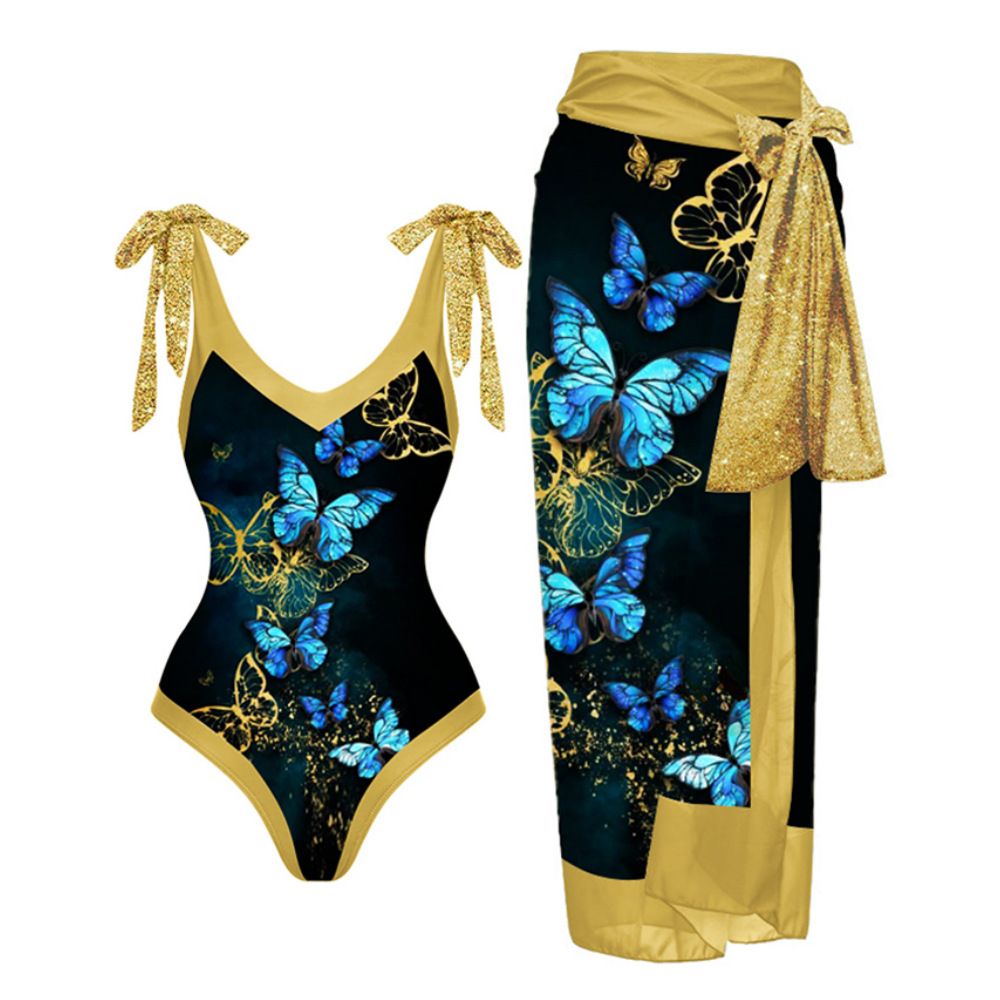 Printed One-Piece Swimsuit With Wrap Skirt – Stylish & Sun-Protective Swimwear For Women_ecoleips.com