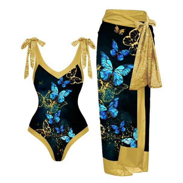Printed One-Piece Swimsuit With Wrap Skirt – Stylish & Sun-Protective Swimwear For Women_ecoleips.com