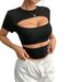 Voya Women's European And American Sexy T-shirt Pullover Short Style Solid Color Hollow Out Y2K Internet Famous Shoulder Top_ecoleips.com