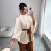 European American Style Women's Wool Blend Short Coat With Stand Collar, Flared Sleeves, Waist Tie, And Belted Design_ecoleips.com