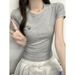 Women's Clothing Women's Slim Fit Straight Shoulder Base Top Round Neck Spicy Sweet Summer Bow Embroidery Student Top_ecoleips.com