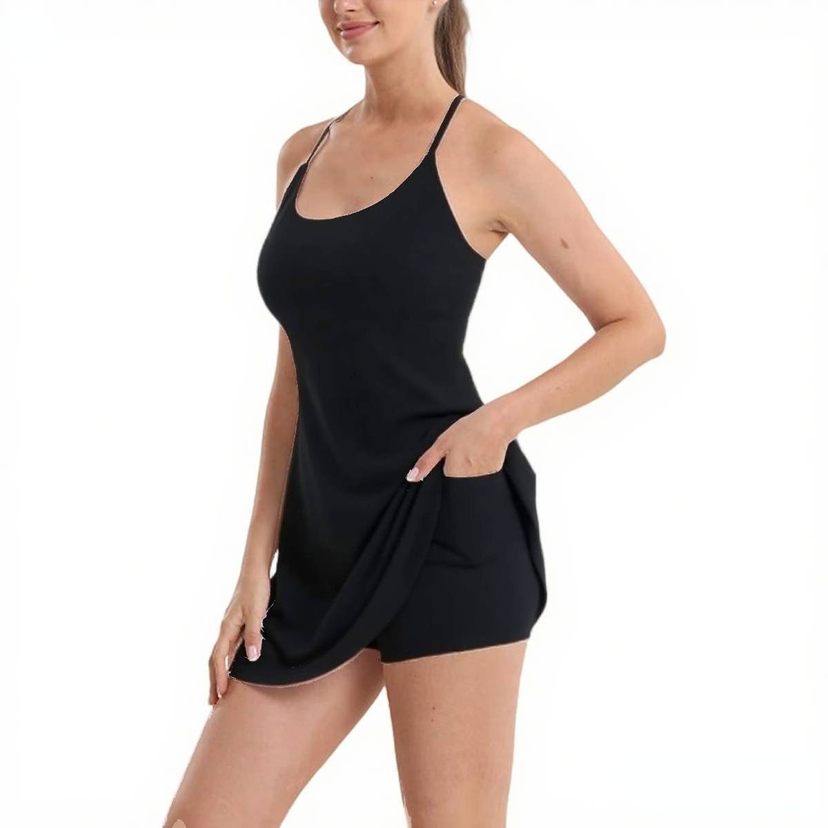 2026 Hot Sale Women Sports Dress Anti-Exposure Design Built-in Shorts Removable Bra Pads With Pockets_ecoleips.com