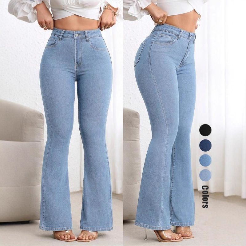 Women's High-Waisted Slim Fit Flared Jeans Solid Color Stretch Casual Hip Lifting European American Style Denim Pants_ecoleips.com