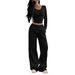 Elegant Two-Piece Set For Women – Slim Fit Long-Sleeve Top & Wide-Leg Pants, Minimalist Solid Color Outfit For Autumn/Winter_ecoleips.com