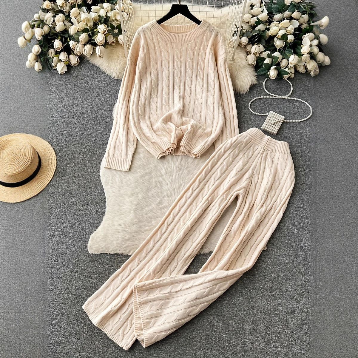 Women's Clothing Elegant Cable Knit Sweater & Pants Set Loose Fit Crewneck Pullover With Slimming Trousers - Soft Viscose Blend - Beige (S/M/L)_ecoleips.com