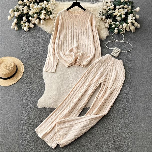 Women's Clothing Elegant Cable Knit Sweater & Pants Set Loose Fit Crewneck Pullover With Slimming Trousers - Soft Viscose Blend - Beige (S/M/L)_ecoleips.com