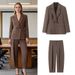 Women's Power Suit Set With Shoulder Pads & Double Breasted Blazer - Slim Fit Zipper Tapered Pants For Business Professional Attire_ecoleips.com