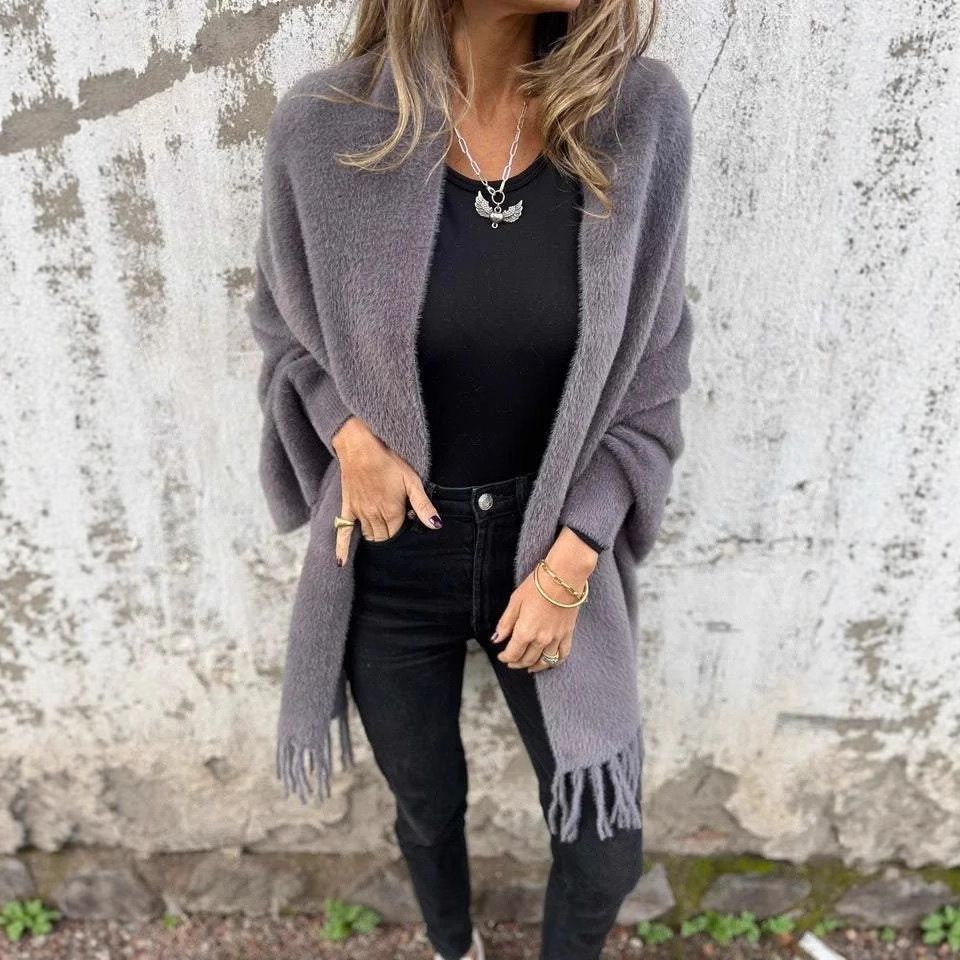 Fall/Winter 2026 Women's Imitation Mink Cape Tassel Shawl Solid Color Thickened Warm Bat_ecoleips.com