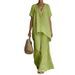 Women's Clothing Women's Cotton Linen V Neck Short Sleeve Top And Wide Leg Pants Set Fashionable Loose Fit Style_ecoleips.com