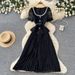 Women's French Style Lace Trimmed Dress Short Sleeved Summer Square Neck Slim Waist Pleated Long Skirt Elegant Sophisticated_ecoleips.com