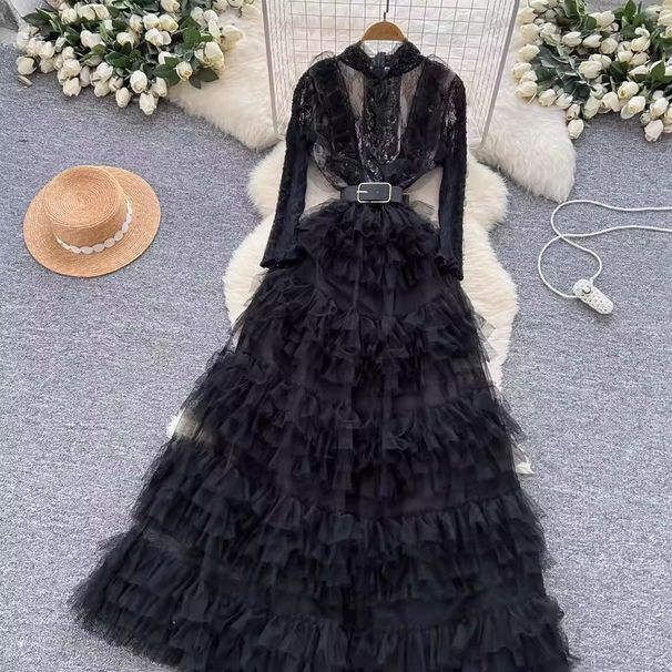 Luxury Elegant Sequined Beaded Mesh Tulle Dress French Style Waist Cinching Slimming Long Dress For Women_ecoleips.com