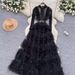 Luxury Elegant Sequined Beaded Mesh Tulle Dress French Style Waist Cinching Slimming Long Dress For Women_ecoleips.com