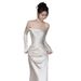 Silver White Off-Shoulder Fitted Mermaid Gown Long Sleeved Elegant Sophisticated Bridal Toast Dress for Travel Photography_ecoleips.com