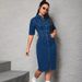 plus Size Women's Denim Collared Short Sleeve Dress Mid-Length Slit Spring/Summer Fashion Direct from the Factory_ecoleips.com