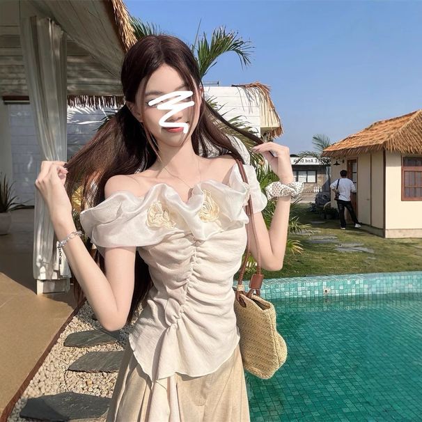 ng2510292 Atmospheric Floral Off-Shoulder T-Shirt For Women, Summer Design, Niche Pure Desire Style, Irregular Slim Fit Ribbon Top_ecoleips.com