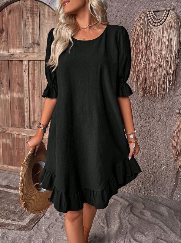 2026 Spring/Summer European And American Cross-Border Women's Vintage Cotton-Linen Mid-Sleeve Round-Neck Solid_ecoleips.com