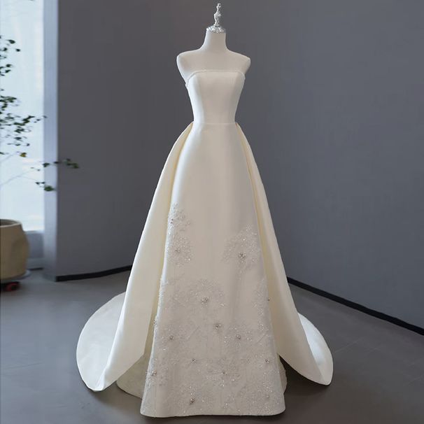 Sweetheart Neckline Wedding Dress – Luxe Satin & Lace Ball Gown With Detachable Train, A-Line High Waist Bridal Dress For Princess Style (XS-XXL)_ecoleips.com