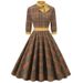 Autumn/Winter Grid-Print High-Collared Green Dress With Seven-Quarter Sleeves, Ribbon-Strapped And Butterfly-Button Deta_ecoleips.com