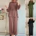 H730 Muslim Women's Solid Color Drawstring Tie Two-Piece Set Round Neck Top Wide-Leg Pants Elegant Ladies Suit_ecoleips.com