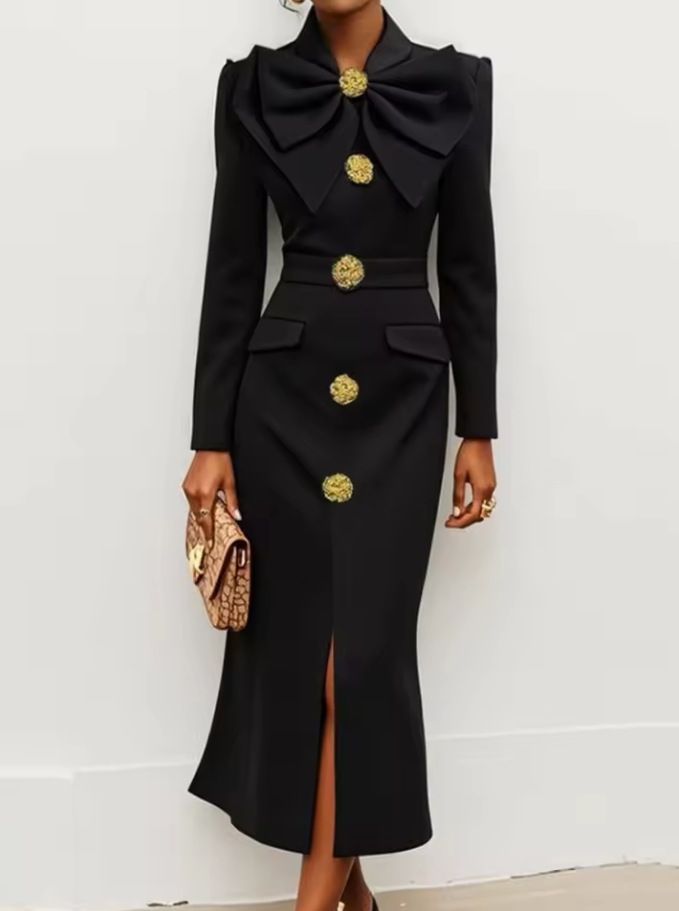 Women's Clothing Butterfly Design Lady Dress Light Luxury Style Half High Collar Waist Slit Dress_ecoleips.com