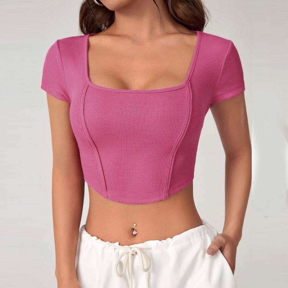 Voya Women's Independent Station 2026 New Irregular Square Neck Knitted Short Sleeved T-shirt Short Fit Top_ecoleips.com