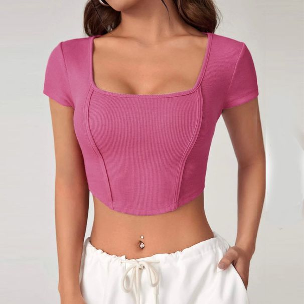 Voya Women's Independent Station 2026 New Irregular Square Neck Knitted Short Sleeved T-shirt Short Fit Top_ecoleips.com