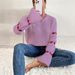 Cozy Striped Knit Sweater With Heart Elbow Detail – Oversized Round Neck Pullover For Women, Soft Acrylic Long Sleeve Top_ecoleips.com