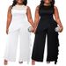 Women's Clothing Plus Size Elegant Solid Color Jumpsuit Lace Trim Casual Commuter Style Loose Straight Leg Polyester_ecoleips.com