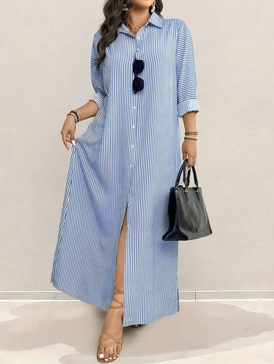 Women's Striped Lapel Long Shirt Dress Open Front Slit Autumn_ecoleips.com