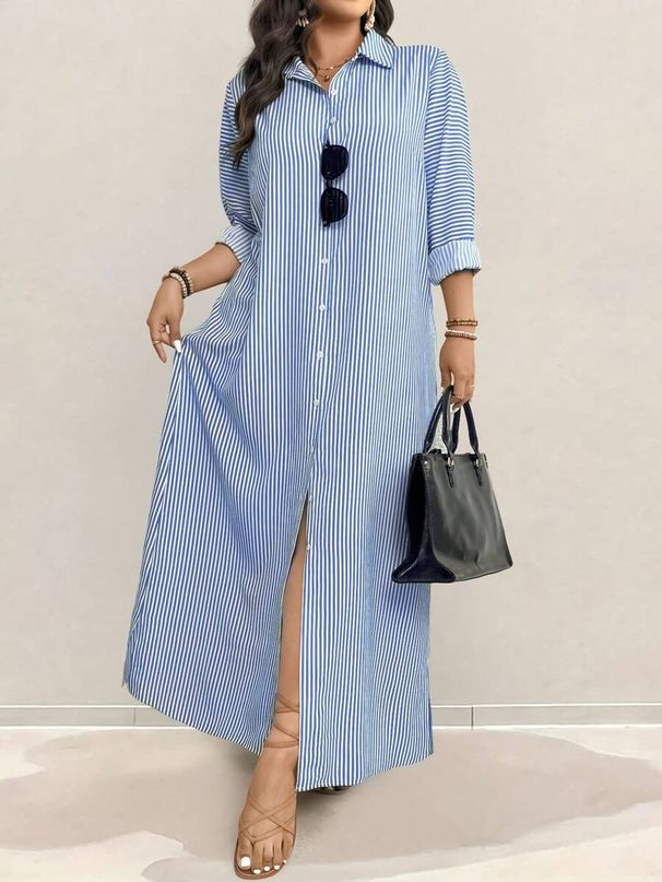 Women's Striped Lapel Long Shirt Dress Open Front Slit Autumn_ecoleips.com