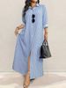 Women's Striped Lapel Long Shirt Dress Open Front Slit Autumn_ecoleips.com