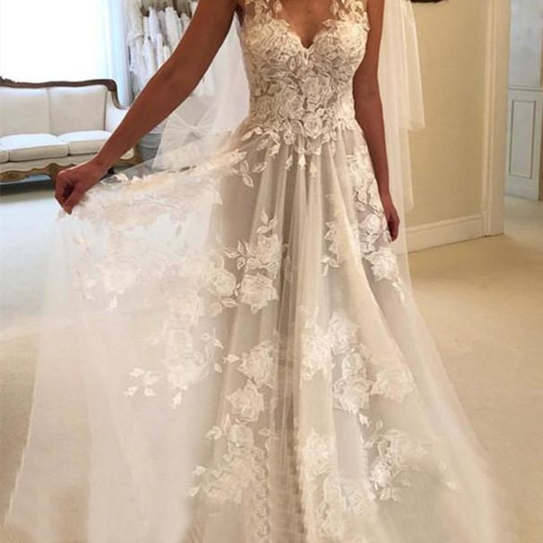 Elegant Off-Shoulder Deep V-Neck Lace Wedding Dress With Slim Fit & Cathedral Train – Available In White & Ivory_ecoleips.com