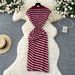 Women's Korean Chic Retro Striped Dress Polo Collar Short Sleeved Fitted Waist Elegant Slit Midi Skirt Summer Style Niche_ecoleips.com